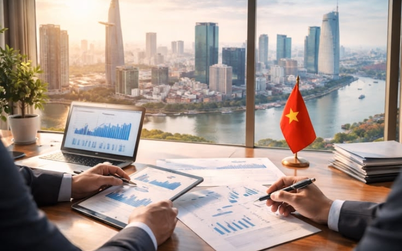 Foreign investors reviewing financial reports and market data in Ho Chi Minh City, Vietnam