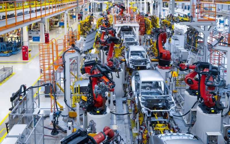 Ligne de production automobile dans une usine.