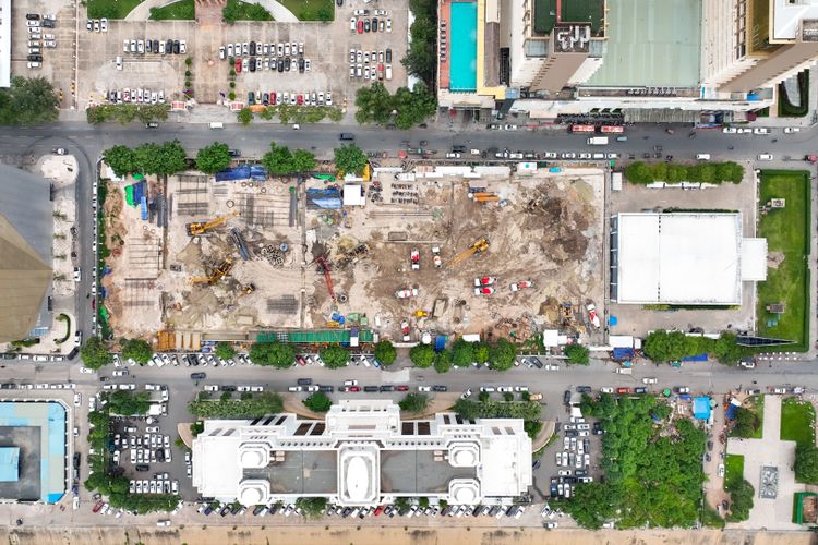 Aerial view of an industrial site under development.