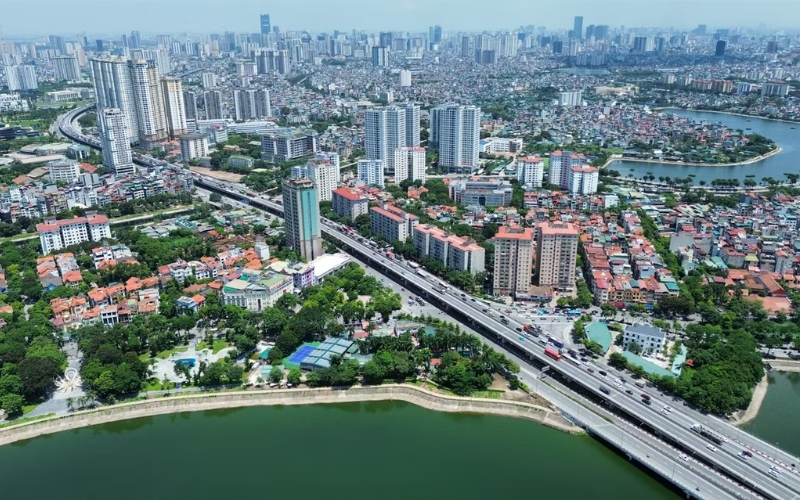 Vue aérienne d’une zone urbaine au nord du Vietnam.