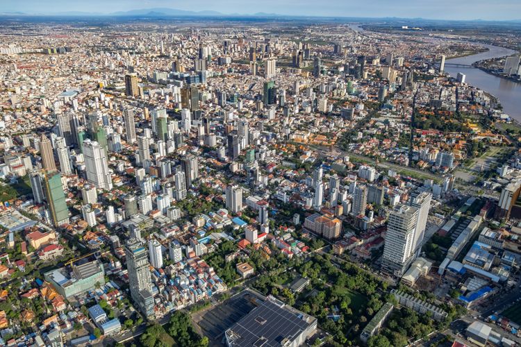Aerial view of a major urban area in Cambodia.