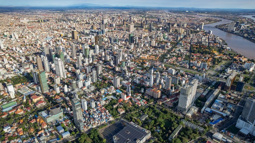 Aerial view of a major urban centre in Cambodia.