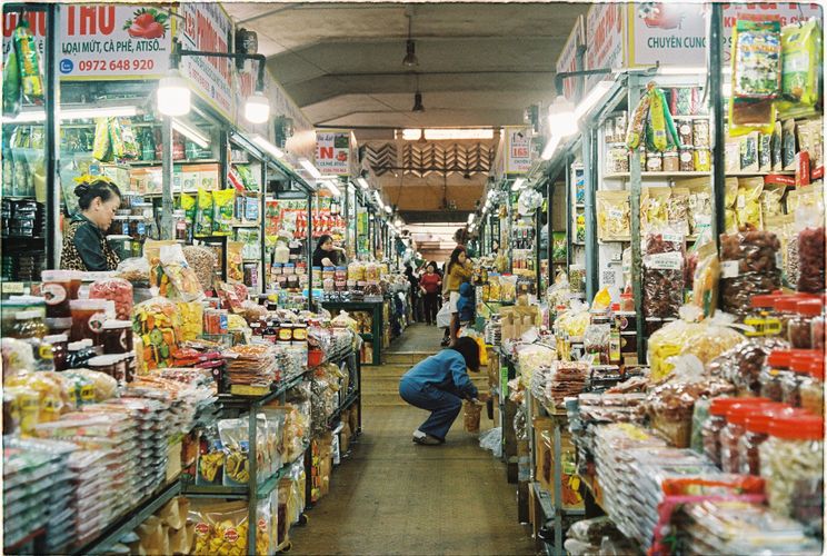 Consumer products displayed in a Cambodian market.