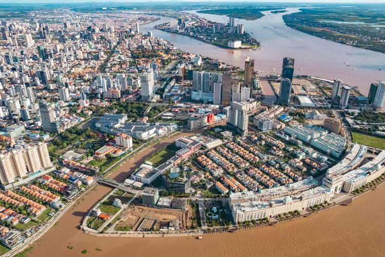 Aerial view of an urban and economic area in Cambodia.